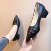 New Spring Single Shoes for Women's Middle Heel Spring and Autumn Black Soft Sole Leather Shoes Thick Heel Work Women's Shoes