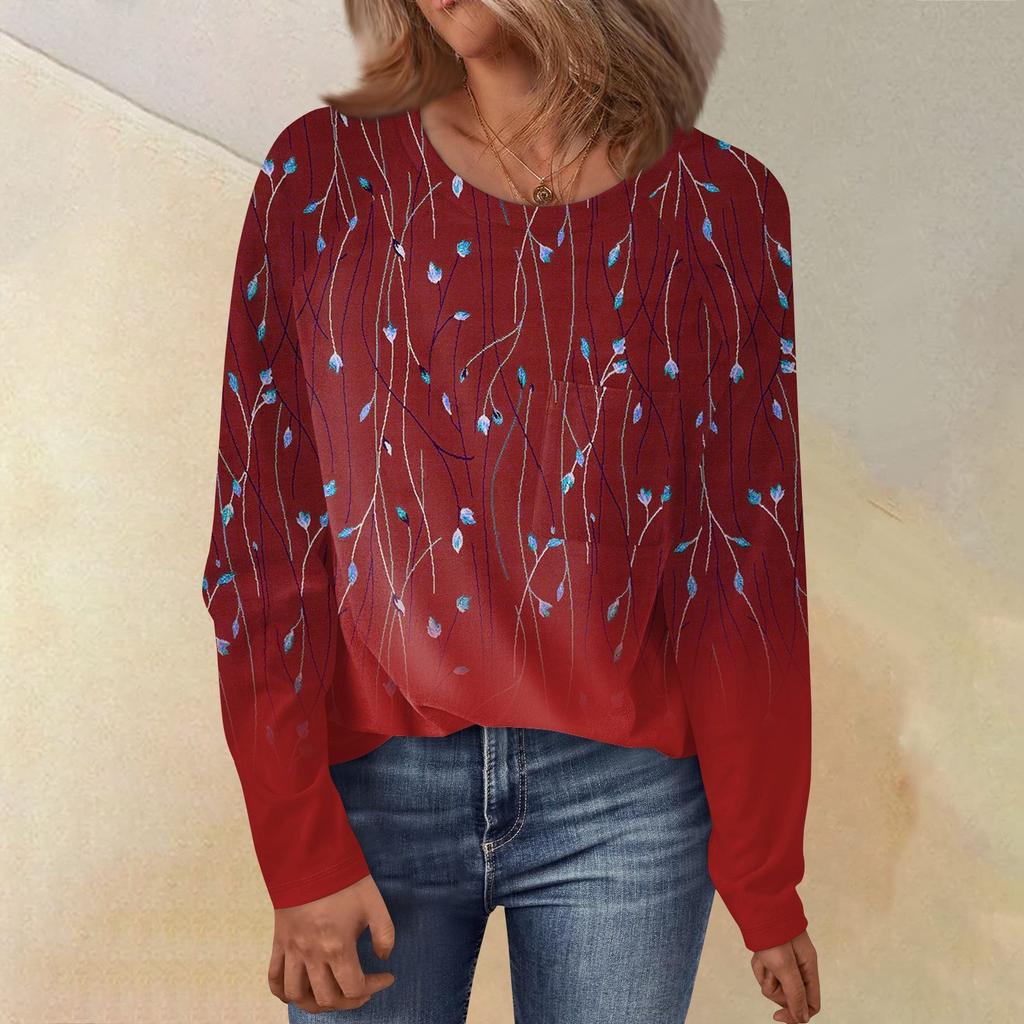 Женский свободный топ с круглым вырезом, цветочным принтом и длинными рукавами