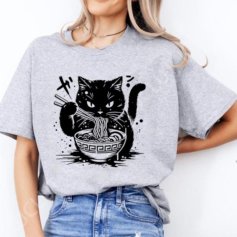 Noodle Cat Женские футболки Смешные Ramen Черная футболка с кошкой Женская одежда Обычные топы с коротким рукавом Женская мода Футболки с мультяшной графикой Женские