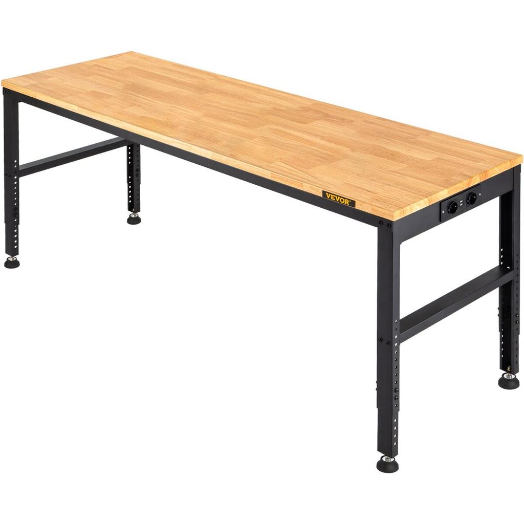 Workbench Adjustable Height, 135cm W X 46cm D X 97cm H Garage Table w/ 72 – 97 cm Heights & 900KG Load Capacity, with Power Outlets & Hardwood Top &