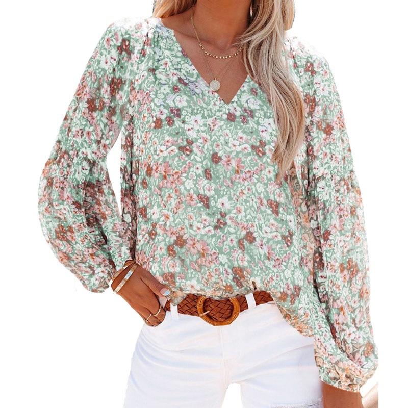 Floral Chiffon Shirt Women Vinatge Fashion Lantern Sleeve Print Blouses Tops 2022 V-neck Casual Flower Plus Size Blouse 19347