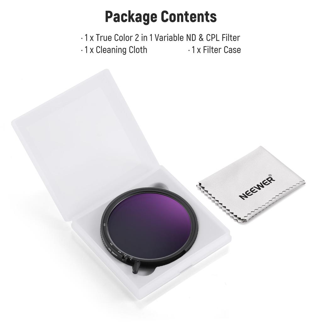 NEEWER True Colors Variable ND Filter ND2-ND32 & CPL, 2 in 1 Adjustable Neutral Density and Circular Polarizing Filter
