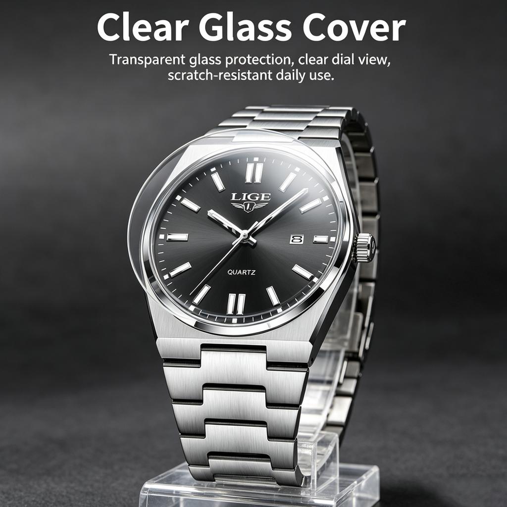 New LIGE classic simple men's watch quartz stainless steel strap ultra-thin casual waterproof watch men's gift reloj+box