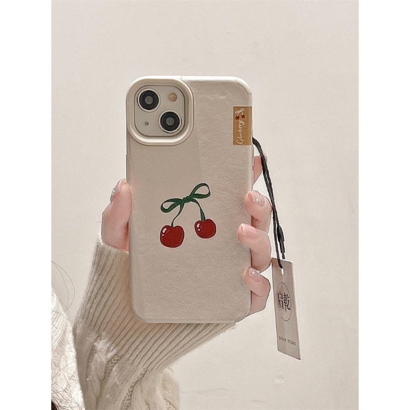 White Leather Wine-red Cherry IPhone 15 Phone Case Suitable for Apple 14/13 Promax Soft Shell