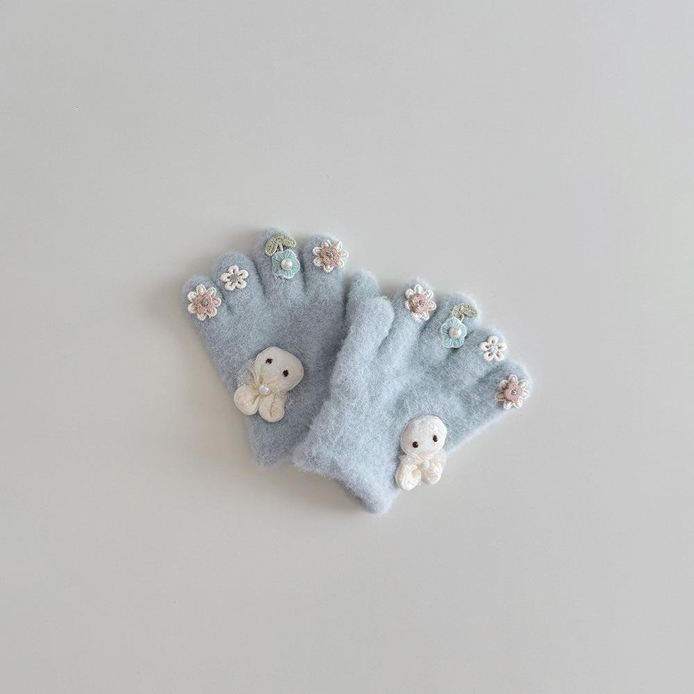 Winter Baby Girl Gloves Cute Bunny Flower Five Finger Separate Gloves for Toddlers Warm Anti-Cold Mittens for Infant