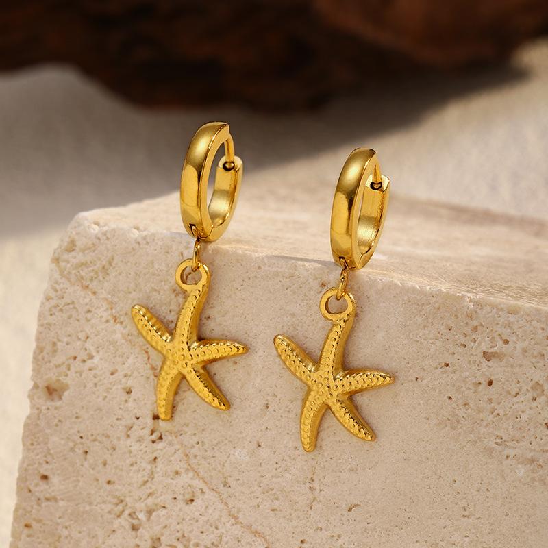 European and American electroplated stainless steel starfish shell earrings women's light luxury holiday shell 18K gold earrings