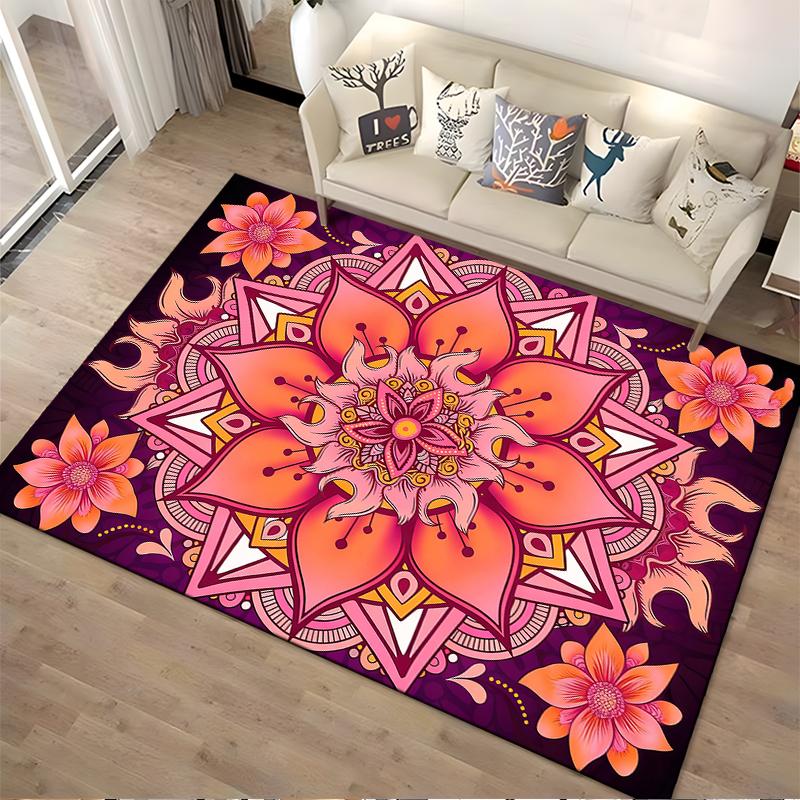 Bohemian Mandala Pattern Carpet with Pink Floral Design, Home Decor Suitable for use as an anti-slip for living room bedroom sofas