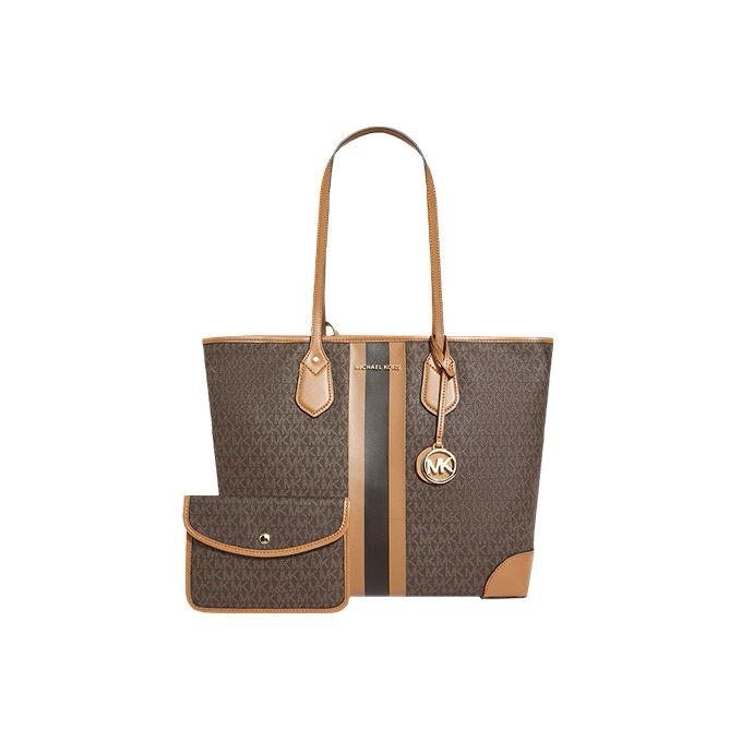 Michael Kors Eva Monogram Logo Stripe Color Block Coated Canvas Tote Bag Women tote Apple-Brown 30T9GV0T7B-252
