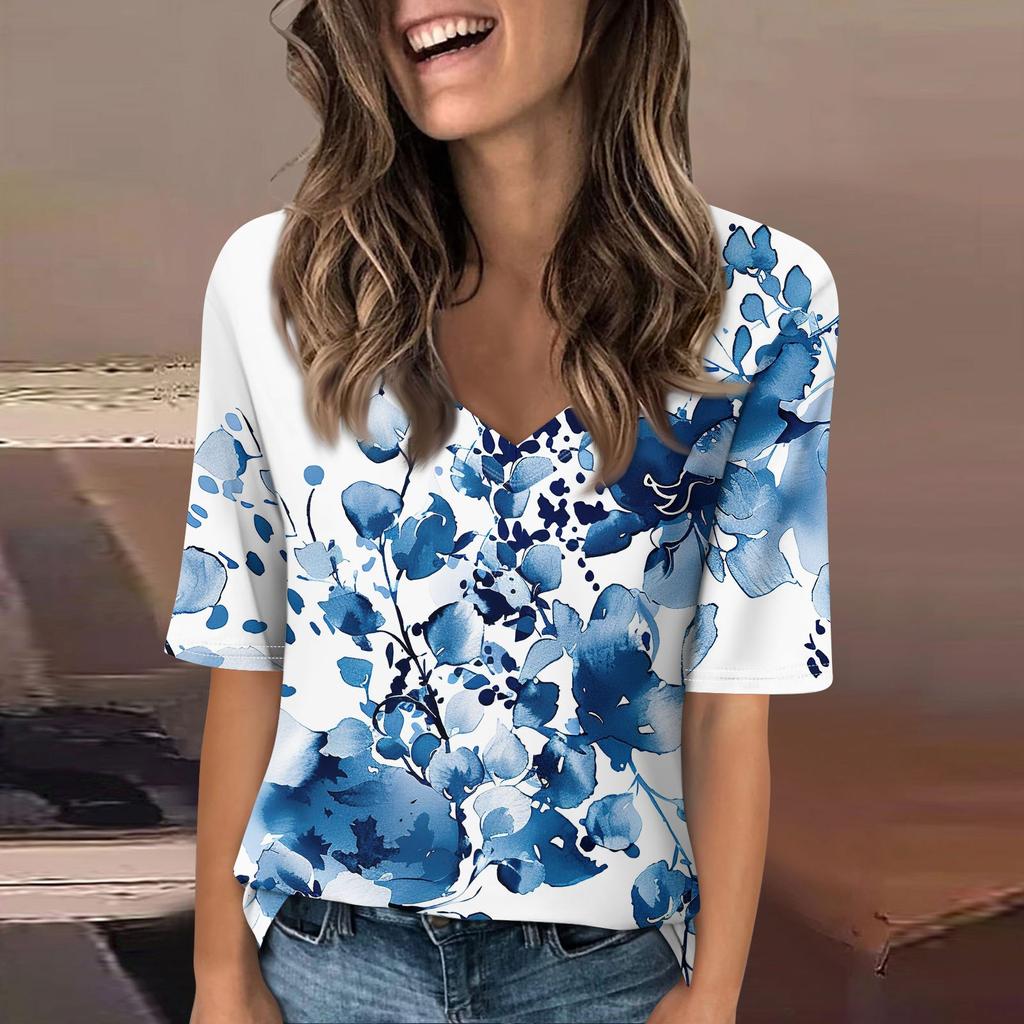 Рубашки для женщин, модные футболки с v-образным вырезом, повседневные летние футболки с принтом, футболка, блузка, топы с короткими рукавами для женщин