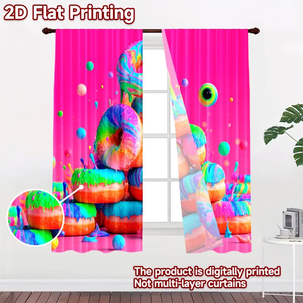 2D flat printing 2pcs Party Curtains Colorful Donuts Stack Digital Printed Polyester Drapes Seasonal Party & Holiday Decor for