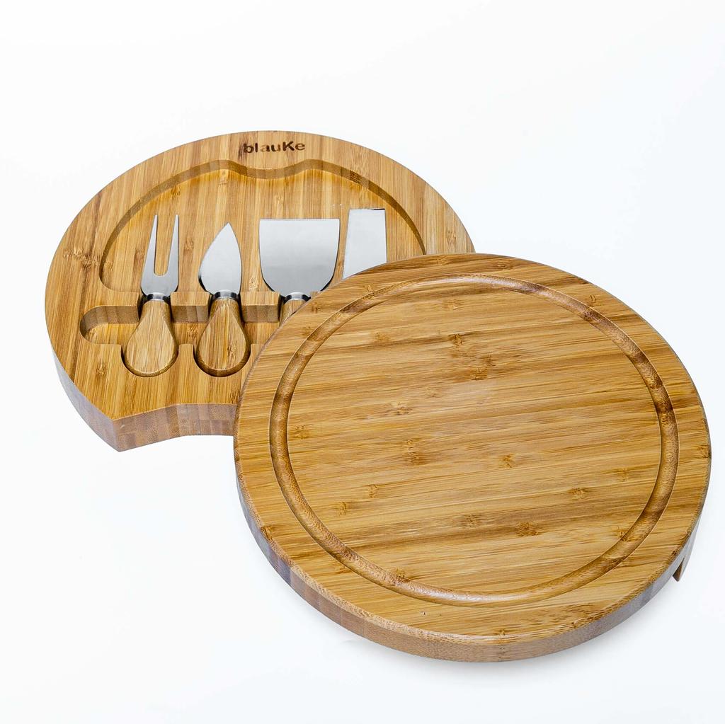 Bamboo Cheese Board Set - 25cm Charcuterie Board With Slide-Out Drawer and Cheese Tools - Cheese Serving Platter Tray - Great Gift Idea