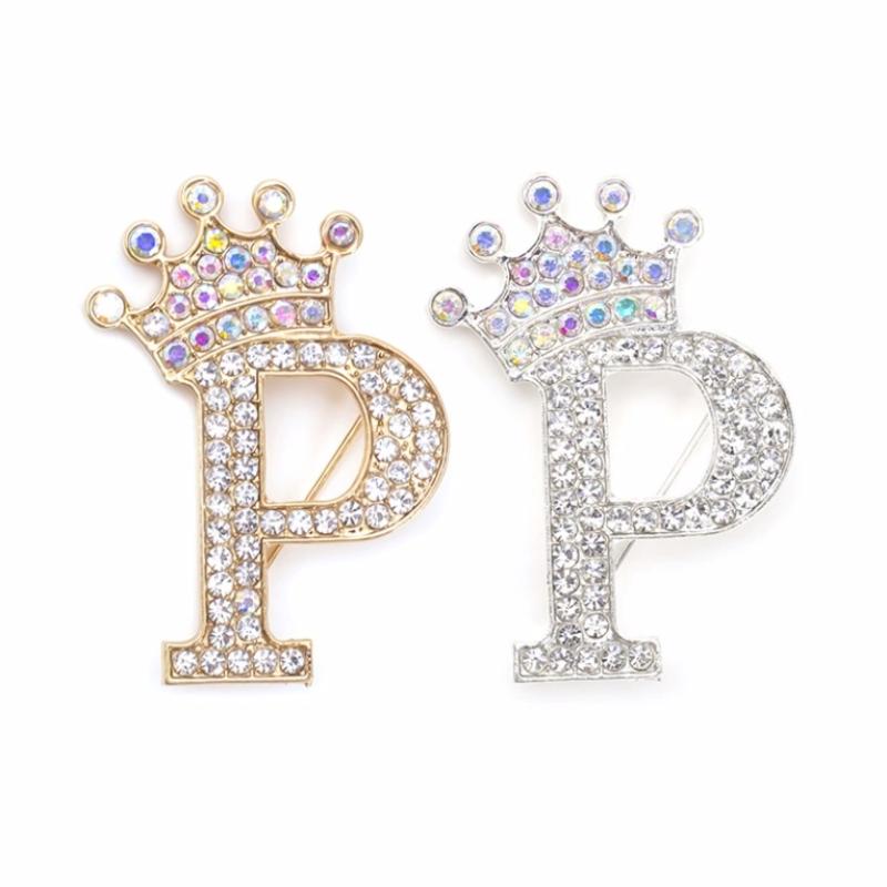 Fashion Crown 26 Initial Letters A To Z Rhinestone Brooches For Women Coat Dress Lapel Collar Pin Jewelry Accessries