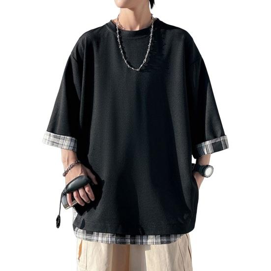 Летняя мужская футболка с круглым вырезом, свободная, искусственная, из двух частей, средней длины, сплошной цвет, плюс размер, рукава три четверти, уличная одежда, топ на открытом воздухе