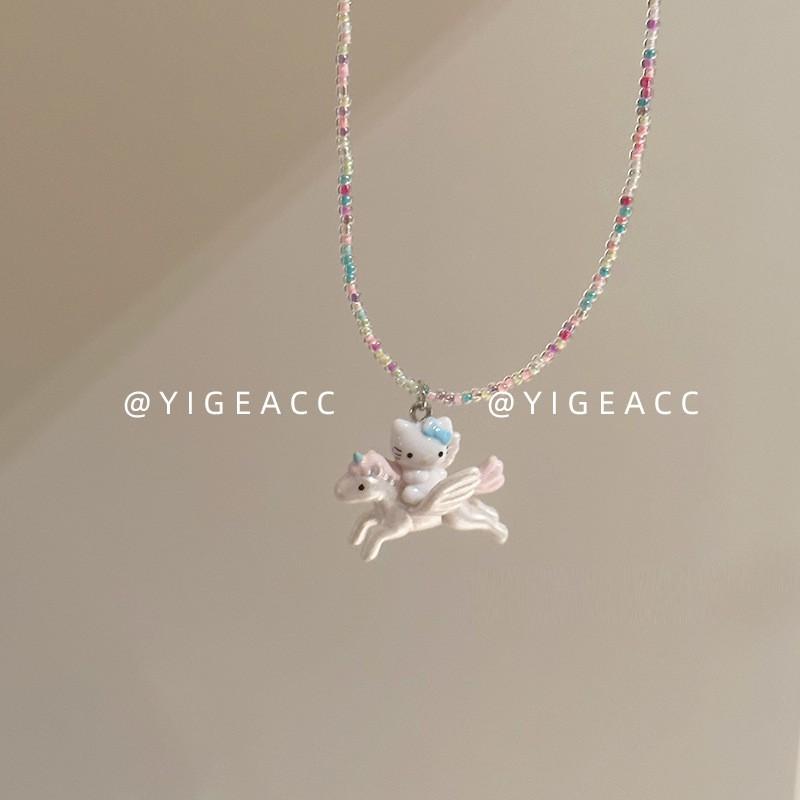Acrylic Cartoon Pendant Necklace Girls - Colorful Beaded Chain Kawaii Cat Design Sweet Princess Style Jewelry Accessory