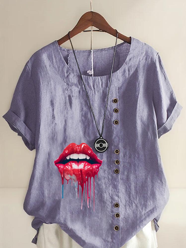 Women's Fashion Red Lips Print Round Neck Short Sleeve T-shirt Casual Cotton Linen Graphic Shirt Leisure Loose Summer Blouse Tops