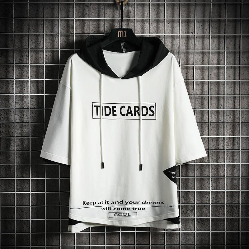 Модная мужская толстовка контрастного цвета с капюшоном и рукавами три четверти — большой размер.