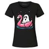 Ghost with Pink Flamingo Floatie Women's T-Shirt Halloween Summerween Shirt