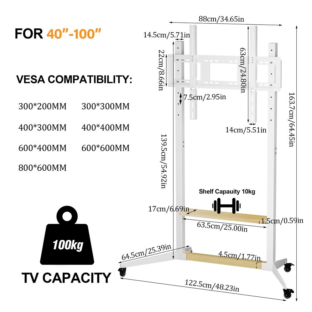 Height Adjustable Rolling TV Stand Mount on Wheels Mobile TV Stand Cart for 40-100 Inches LCD LED