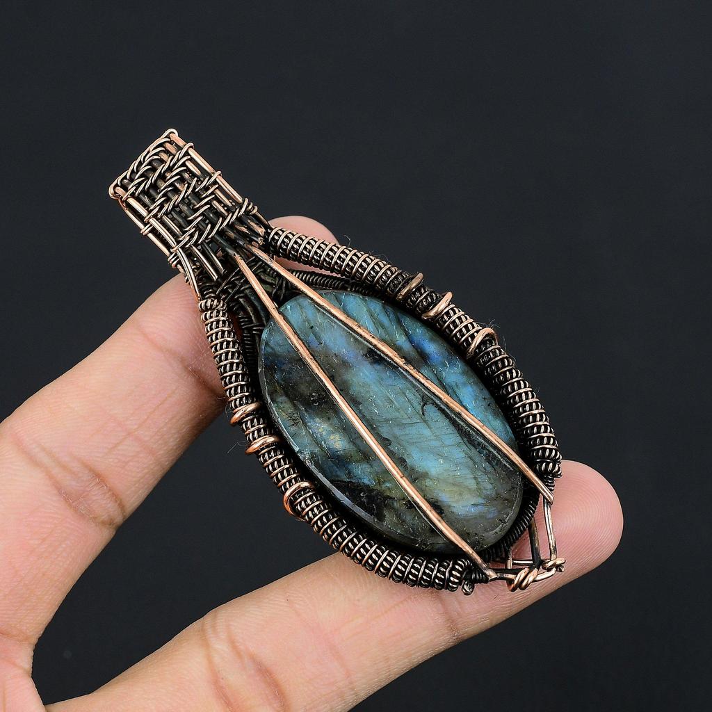 Labradorite Pendant, Handmade Gemstone 999 Copper Wire Wrapped Pendant Antique Jewelry, For Gift Silver Jewelry