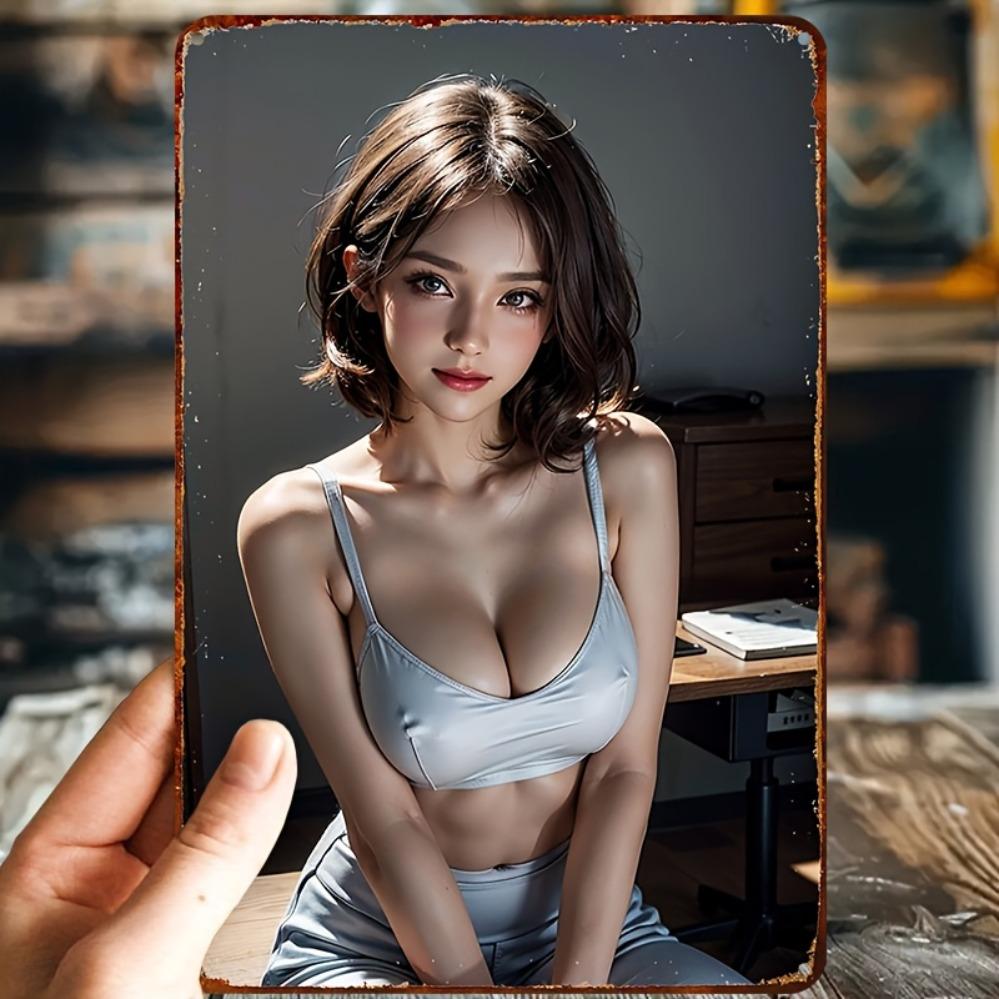 Винтажный металлический плакат для женщин - Элегантный портрет с каштановыми волосами и красными губами - Водонепроницаемый алюминиевый знак с клеем - Домашнее кафе Ba