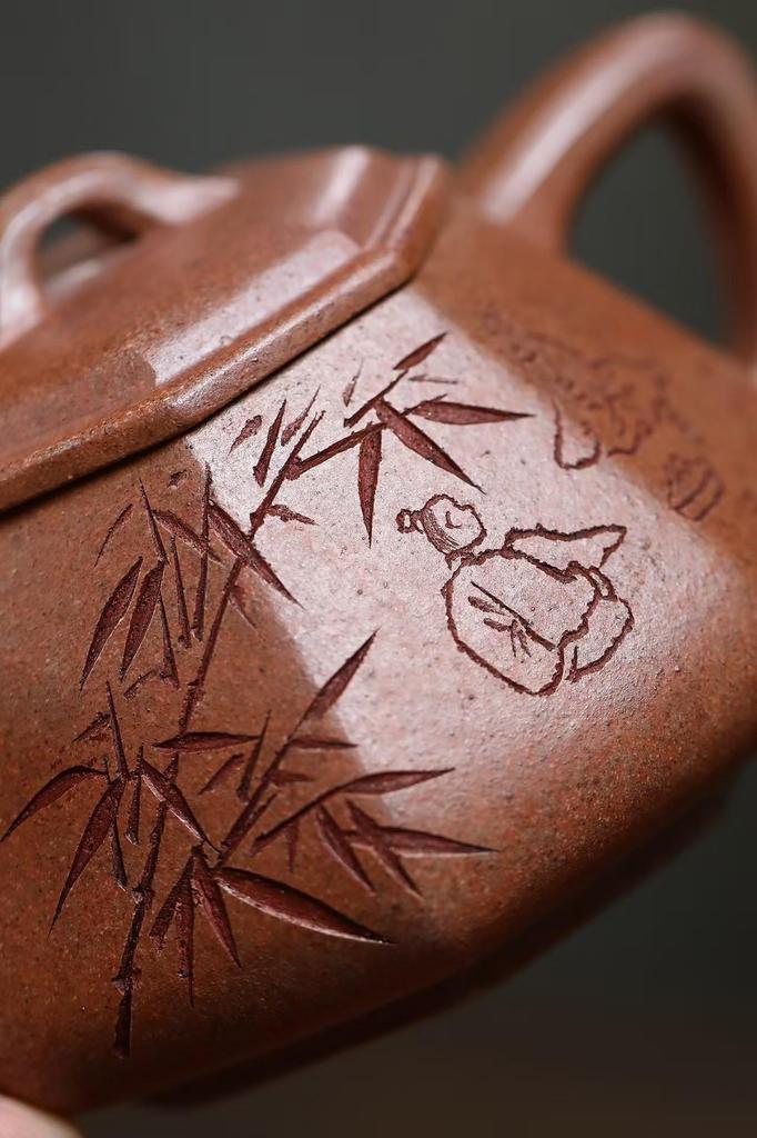 Eight-Sided Engraved Agarwood Clay Yixing Zisha Teapot by Renowned Artist