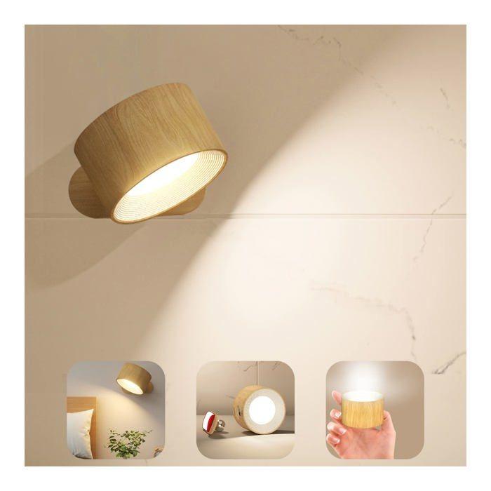 Applique murale LED rechargeable AIMOONSA - grain de bois marron, tactile, USB‑C, 3 températures, 3 niveaux, pivot 360°