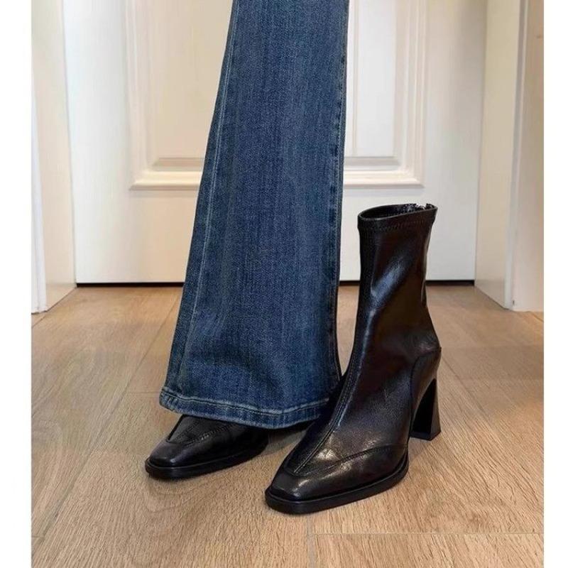 High-heeled Short-thigh Boots Autumn New Square Toe Back Zipper Anti-slip Wear-resistant Block Heel Boots