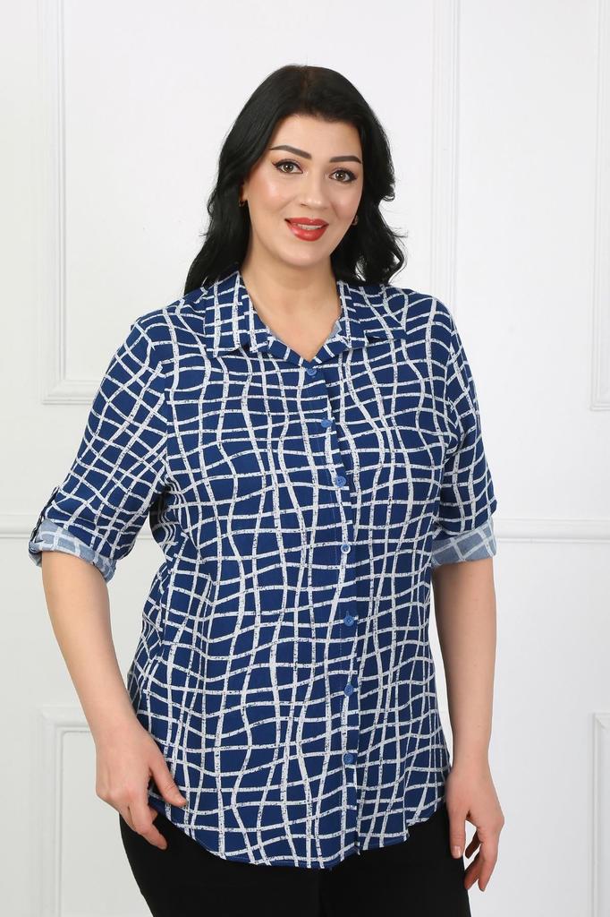 Women's Style Plus Size Shirt Indigo Striped Cotton Viscose Big Size Shirt