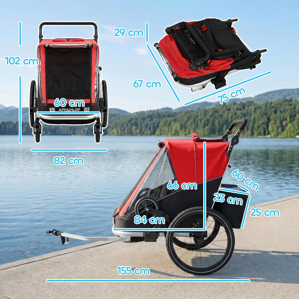 Bike Trailer for Kids, 2-Seater, 2-in-1 Foldable Kids' Bike Trailer with Adjustable Seat and Harness, Red