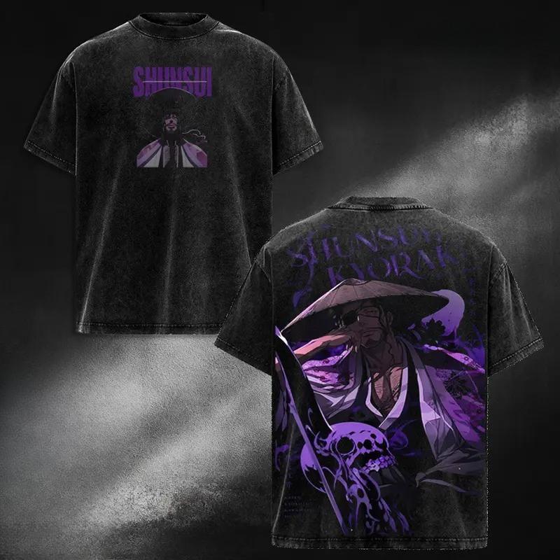 Hot Anime BLEACH Kuchiki Rukia Print T-shirt Men Women Short Sleeve Clothing Cotton Tshirt Retro Washed T Shirt Male Manga Tops