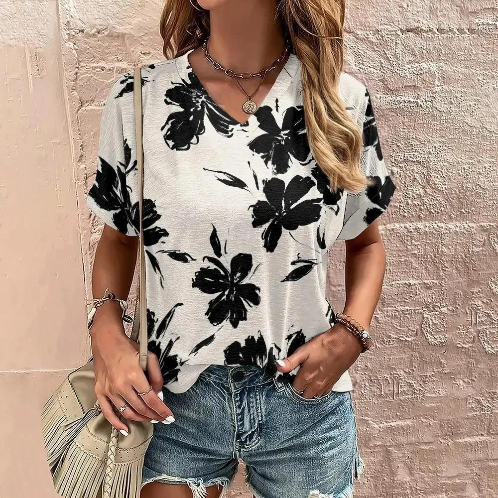 Летняя женская футболка с винтажным цветочным принтом и V-образным вырезом, футболки, женская модная тенденция, одежда с коротким рукавом, женская повседневная одежда