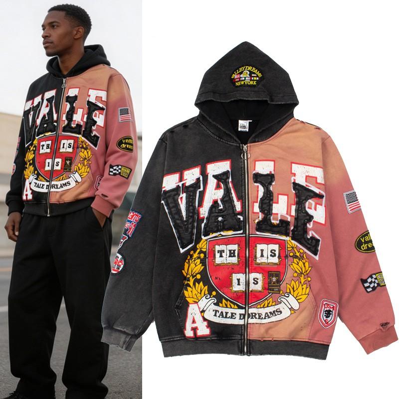 Mens Washed Vintage Hooded Zip-Up Sweatshirt With Embroidered Racing Patch Cotton-Poly Blend Plus Size