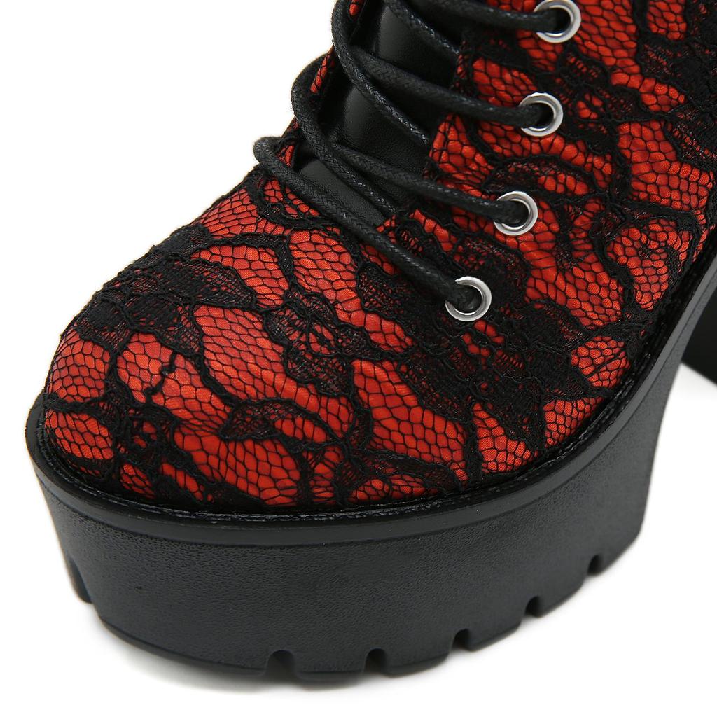 Gdgydh Gothic Vintage Lace Red High Heel Ankle Boots with Platform Sole Ankle Strap Women Boots for Dressy Occasions