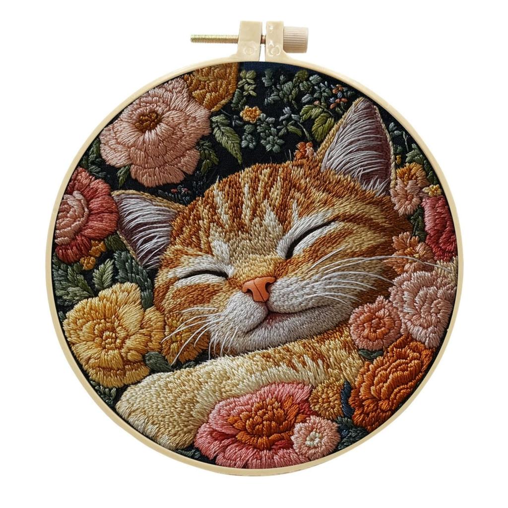 IUHUI Embroidery Kit for Advanced Adults Cute Cat Country I Pattern DIY Hand Stitch Embroidery Set with Hoop Cat - (Small Flower)