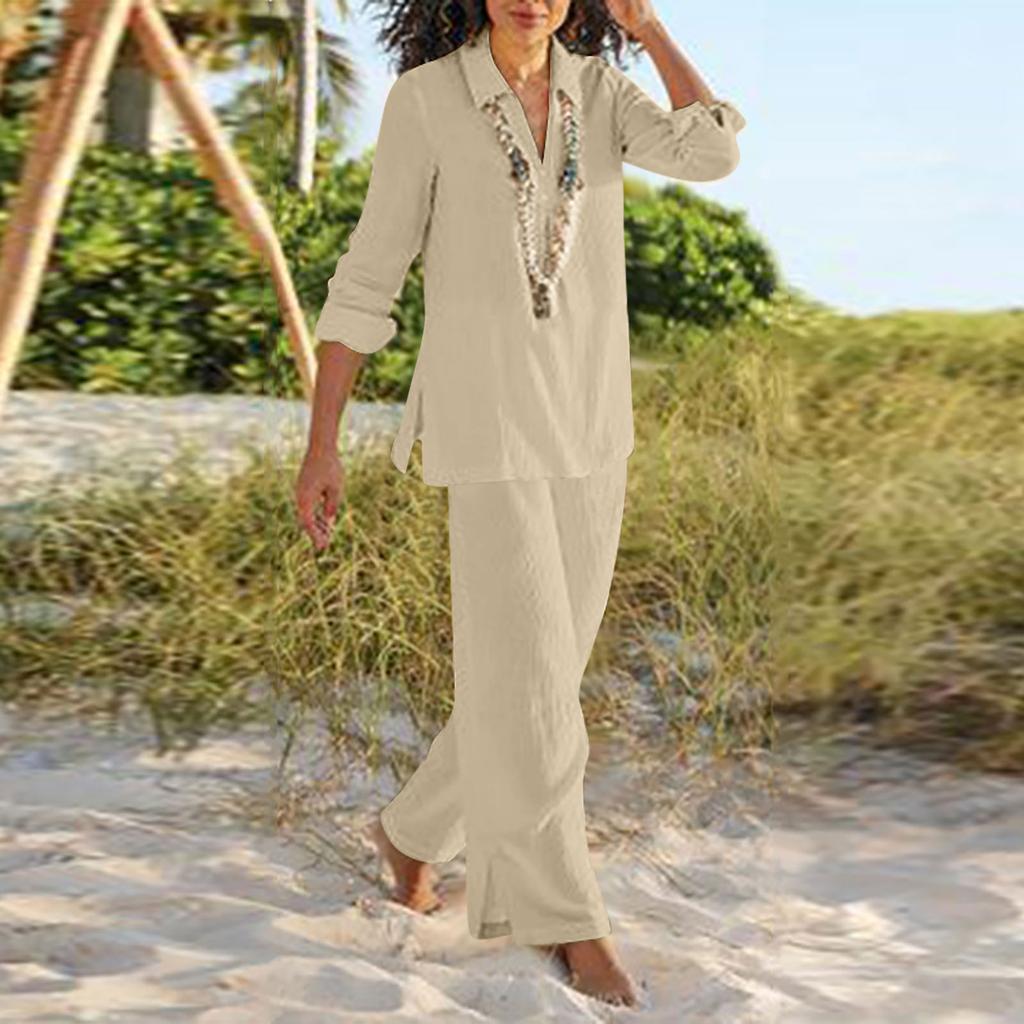 Женский льняной костюм-двойка. Льняной костюм. Брюки и рубашки с длинными рукавами. Повседневный брючный костюм оверсайз. Льняная блузка с v-образным вырезом. Свободные льняные брюки.