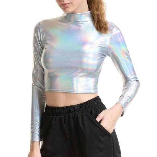 Женский клубный топ с высоким воротником и глянцевой поверхностью, однотонный пуловер с открытой талией, мягкий дышащий женский укороченный топ для танцев на пилоне для вечеринок