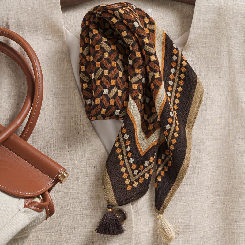 Silk Wool Double-Sided Heterochrome Ethnic Style Retro 70 Velvet Small Square Scarf Silk Scarf Women'S Warm Shawl Light Luxury Scarf Scarf