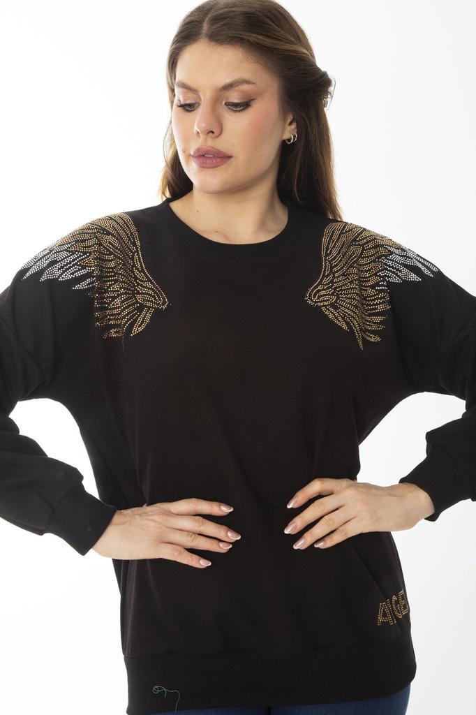 Женский стильный свитшот большого размера, большой размер, черный свитшот с камнями