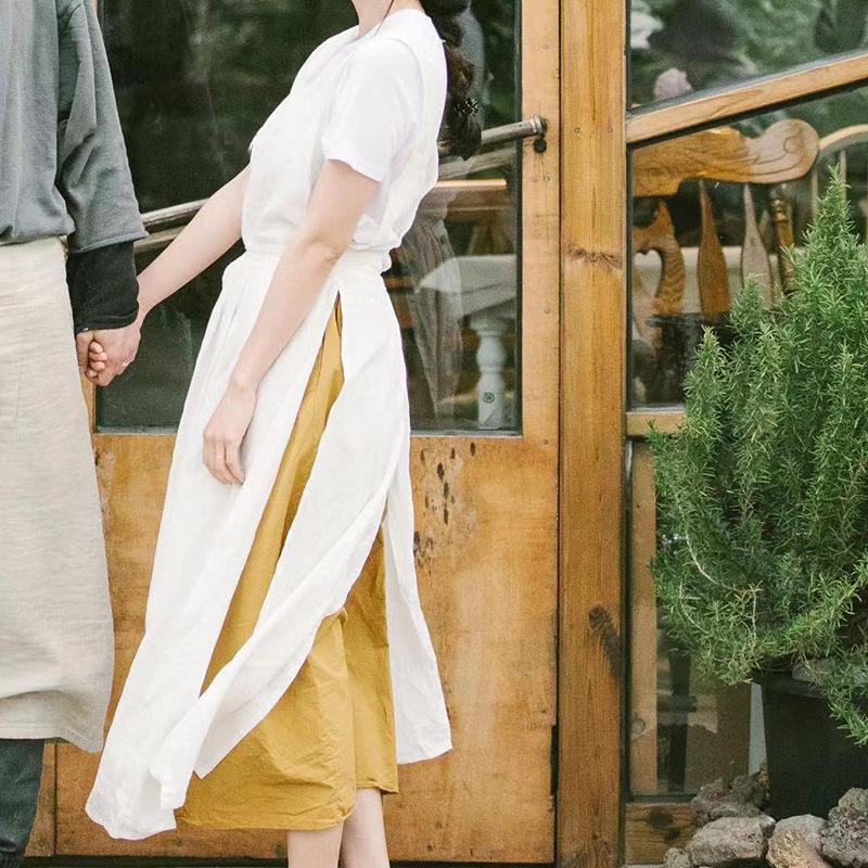 Ретро Арт Хлопок и Лен Фартук в Стиле Мори с Принтованным Логотипом