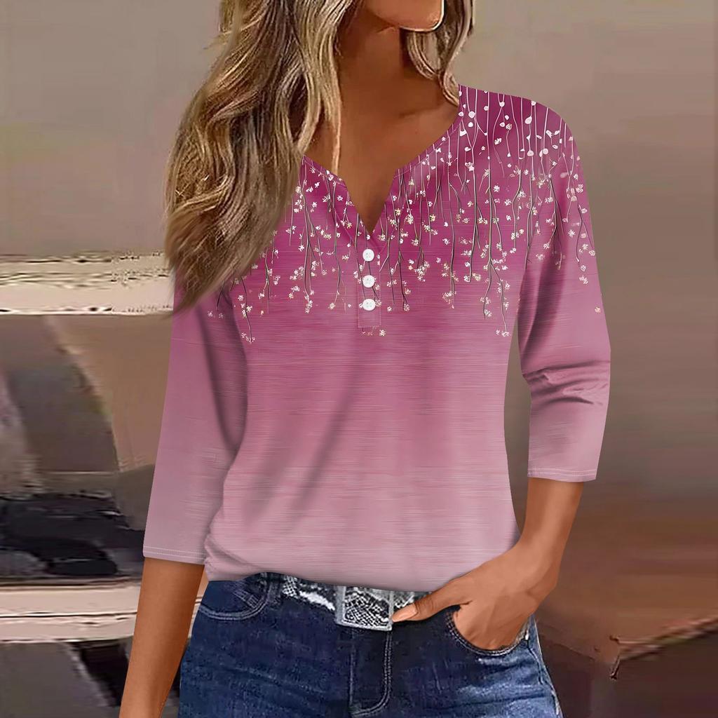 Women's T Shirt Print Button 3/4 Sleeve Daily Weekend Fashion Basic V- Neck Regular Top