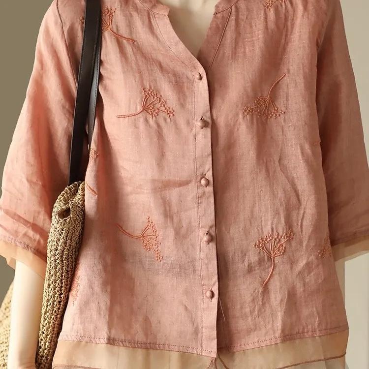 Хлопковая льняная рубашка в стиле ретро, ​​женские рубашки с литературной вышивкой, лоскутная подол из органзы, тонкая блузка, топ