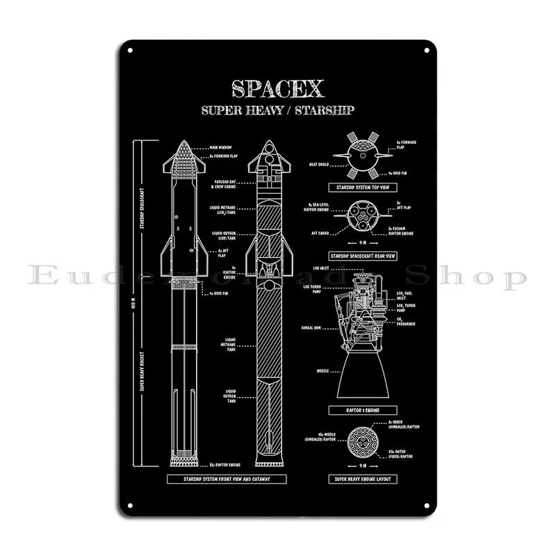 SPACEX Super Heavy Starship SpaceX Blueprint Metal Club Customize Wall Decor Decoration Bar Cave Tin Sign Poster