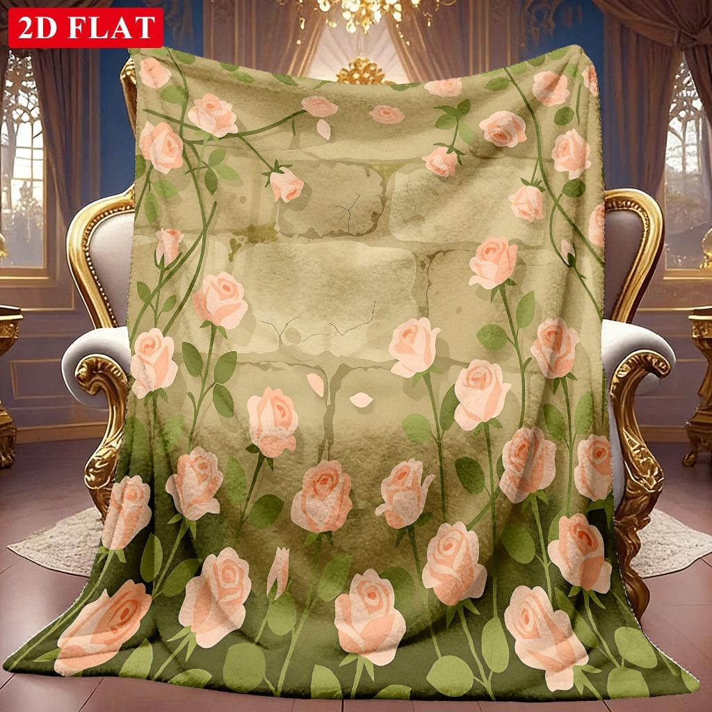 1pc 2D Stone Wall Pink Rose Theme Pattern Flannel Blanket, Soft HD Digital Print, Cooling Blanket All-Season Use! Soft And Breathable 100% Polyester F