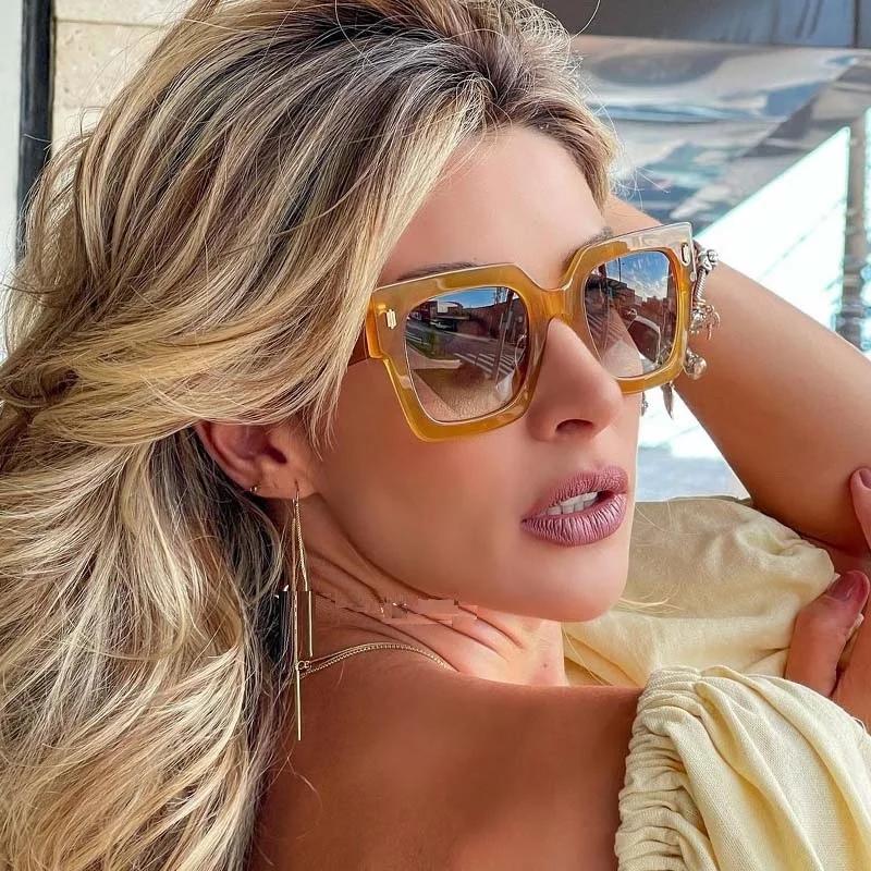 Trendy Brown Square Oversized Sunglasses Women Brand Design Retro Rivet Shade Eyeglasses Big Rectangle Sun Glasses