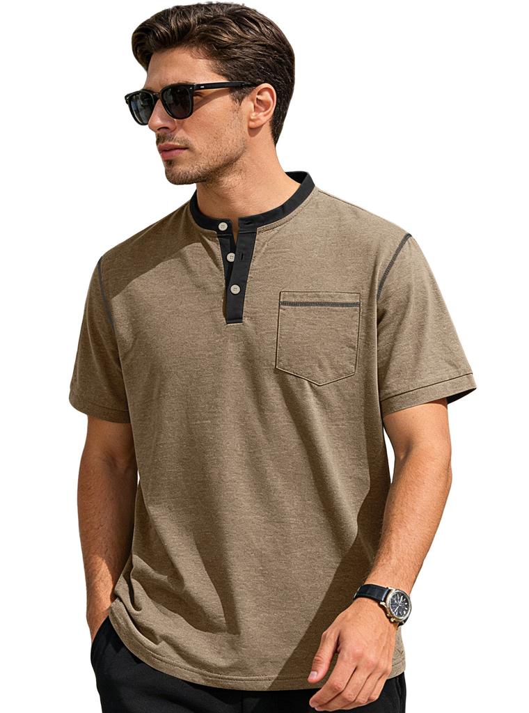 Mens Stand Collar Button Short Sleeve Business Casual Solid Polo Shirt