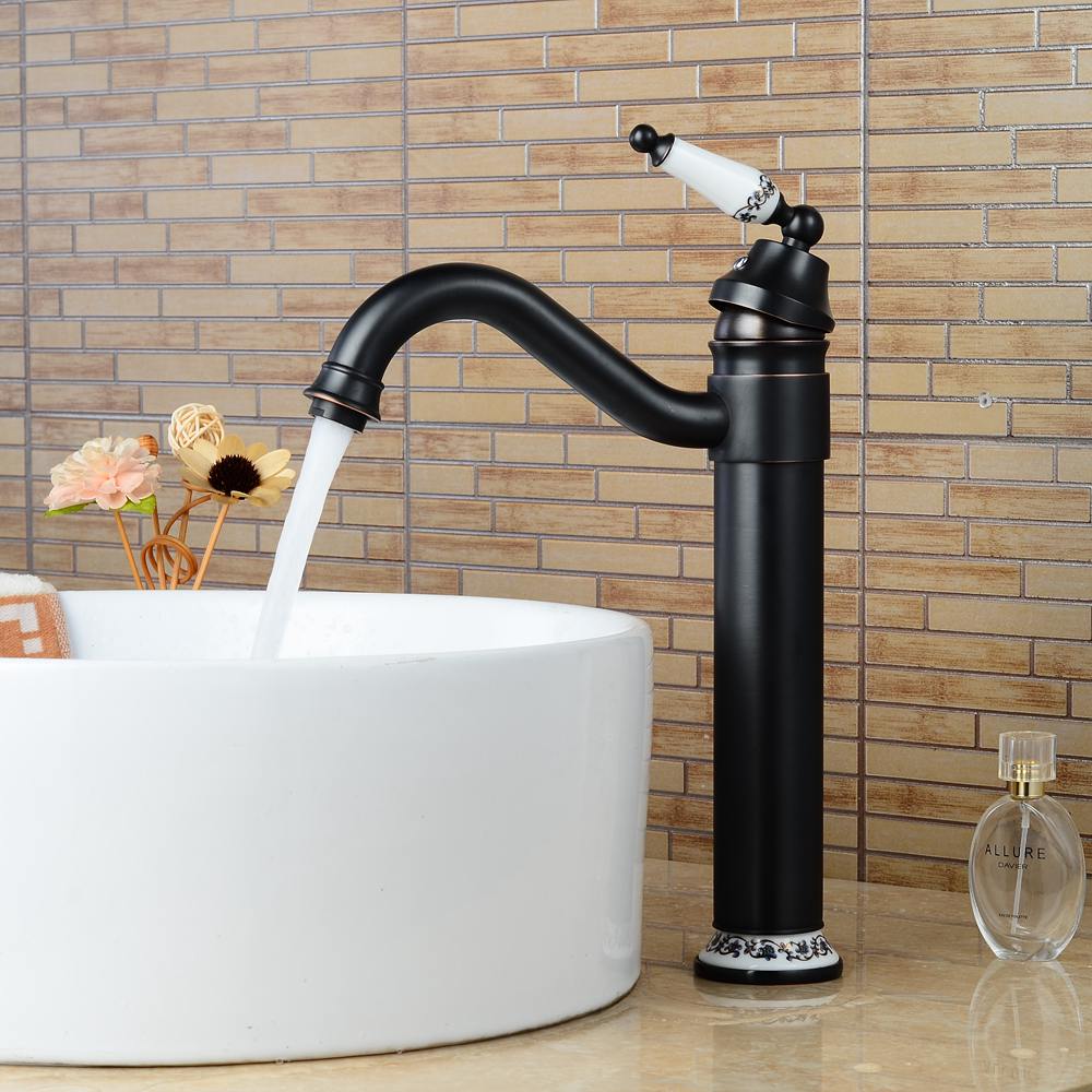 Black Faucets Tall Bathroom Vessel Sink Faucet Hot Cold Water Crane Oil Rubble Bronze Finished Deck Mounted ELF5002B