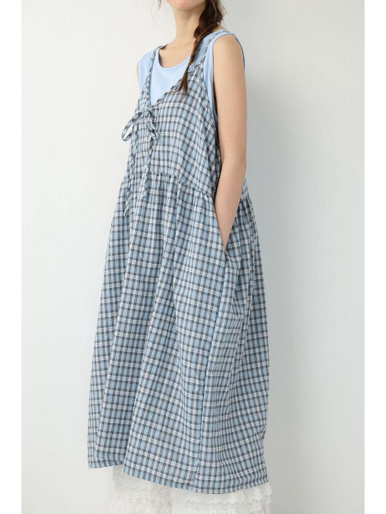 2026 Spring/Summer Mori Girl Lace-up Plaid Maxi Dress - Versatile Layered Camisole Skirt