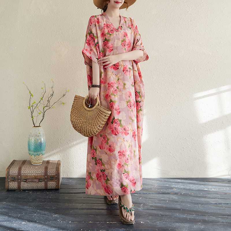 Летнее цветное дорожное платье с V-образным вырезом в стиле ретро, длинная юбка, хлопок-лен