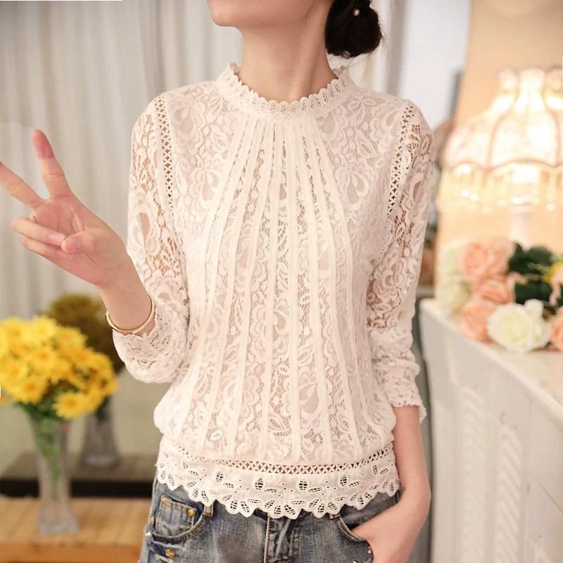 Весна Осень Шифон Кружева Блузка Женские Рубашки Летние Белые Топы Blusas Женские Блузки С Длинным Рукавом Женская Одежда Женственная