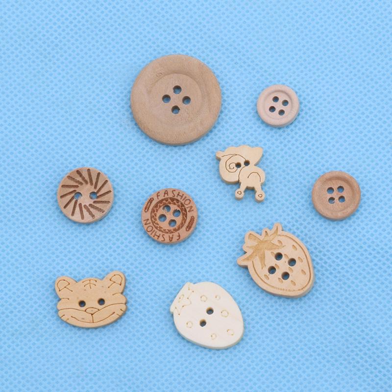 100pcs/lot Mix Shape 2 Holes Natural Color Wooden Pattern Wood Sewing Buttons